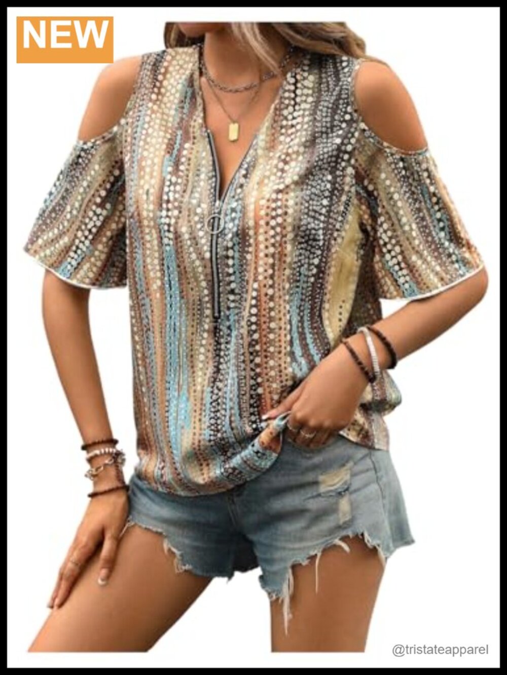 Vintage Boho Cold Shoulder Blouse Short Sleeve Zipper Front Womens Top